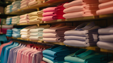 Stack of a lot of folded clothes background. Polo shirts in colorful pastel colors were displayed...