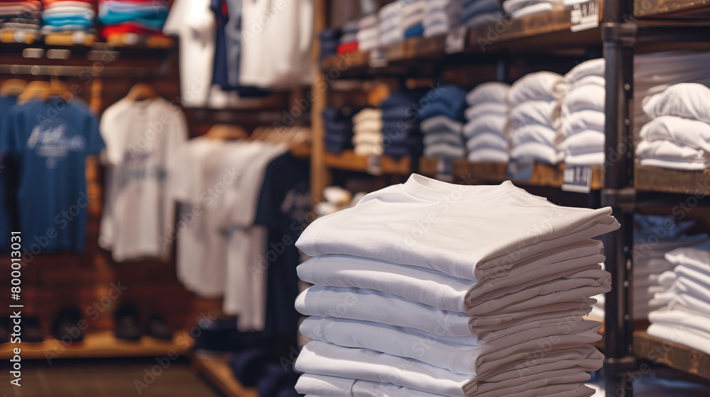 Wall mural Stack of a lot of folded clothes background. T-shirts in white and blue color tones were displayed on wooden and steel shelves in a clothes shop in side view.