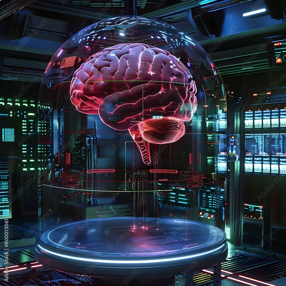 Poster futuristic biometric brain dome with interactive 3d neural mapping