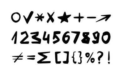 Numbers, symbols, punctuation marks set. Hand drawn marker, brush doodle elements. Vector illustrations isolated on a white background