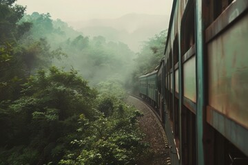 A majestic train travels through a vibrant green forest, surrounded by lush trees and foliage.