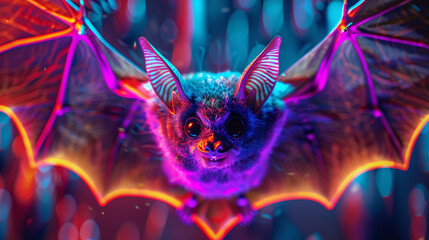 Fototapeta premium A neon-colored bat with its wings outstretched against a dark background