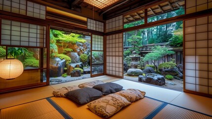 Traditional Japanese ryokan with paper lanterns, sliding doors, and a serene rock garden. - obrazy, fototapety, plakaty