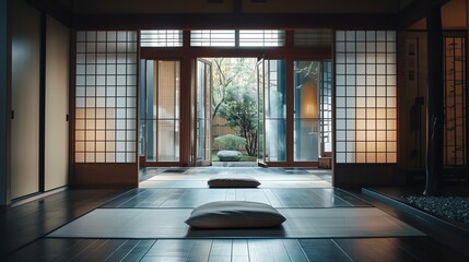 Traditional Japanese ryokan with tatami mats, sliding doors, and minimalist decor.