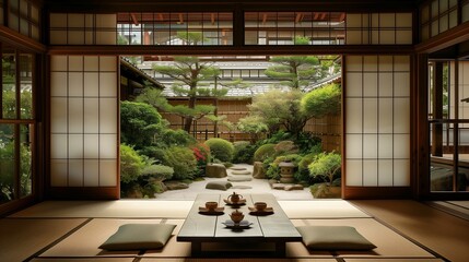 Traditional Japanese ryokan with tatami mat flooring, sliding shoji doors, and serene zen gardens.