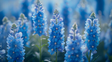 A close-up of delicate delphinium flowers, their tall spikes adorned with clusters of tiny blooms...