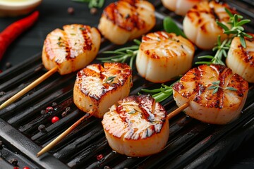 Fine dining chef cooking grilled scallops in creamy lemon butter or cajun sauce with herbs