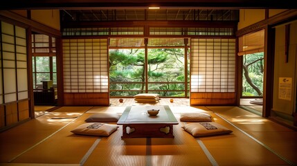 Traditional Japanese tea room with tatami mats, low furniture, and sliding doors.