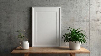Empty horizontal frame mockup in modern minimalist interior with plant in trendy vase on white wall background. Template for artwork, painting, photo or poster