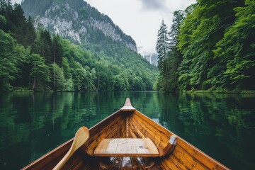 A silent morning as a wooden canoe cuts through calm lake waters, embraced by verdant cliffs.