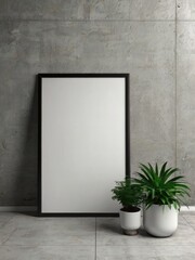 Interior poster mockup with vertical black frame in home interior background.