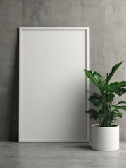Interior poster mockup with vertical black frame in home interior background.