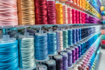 Assorted spools of thread in hues of blue to purple neatly aligned on racks