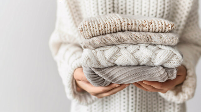 Close-up of two hands is holding stack of clothes on a plain background. Folded stacked sweater in white and beige color tones were held by a woman hands on a plain light grey background.