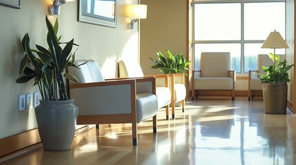 The hospital waiting room is bathed in warm sunlight, creating a calm and welcoming atmosphere with comfortable seating and indoor plants..