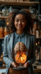 Fototapeta premium A female psychology professor with a brain model is sharp and understanding.
