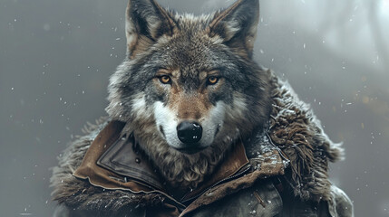 A portrait of a wolf wearing a fur coat