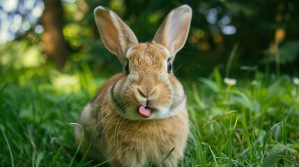 A cute Rabbit in the grass looks directly into the camera and sticks out his tongue