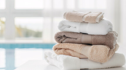 Stack of folded towels on table with copy-space for text. A lot of stacked towels in white and brown color tones were displayed on a indoor swimming pool background.