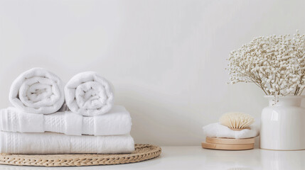 Stack of folded towels on plain background with copy-space for text. A lot of stacked towels in white color tones were displayed on a light beige background with flowers and spa decorations.