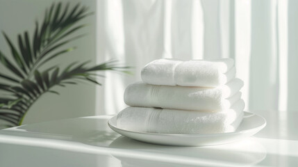 Stack of folded towels on plain background with copy-space for text. A lot of stacked towels in white color tones were displayed on a plate, white curtain and palm leaves in background.