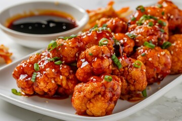 Fiery glazed cauliflower clusters with a savory dipping sauce, sprinkled with green onions