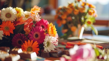 a teacher's desk overflowing with flowers, chocolates, and heartfelt notes