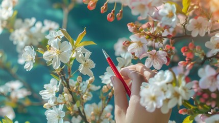 a teacher's hand holding a pen, surrounded by blooming flowers, teacher's  day concept