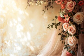 A delicate floral garland graces a soft bridal veil, bathed in the golden glow of a setting sun.