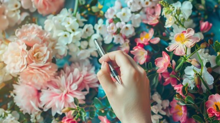 a teacher's hand holding a pen, surrounded by blooming flowers, teacher's  day concept - obrazy, fototapety, plakaty