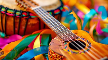 a traditional Mexican musical instrument, such as a mariachi guitar or a vibrant drum, with colorful ribbons and streamers