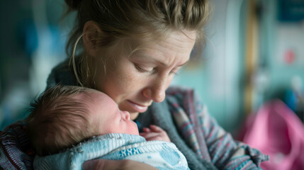 A mother embracing her newborn baby for the first time, tears of overwhelming love and tenderness streaming down her face