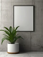 Empty white A4 vertical rectangle poster mockup frame with soft leaves shadows on neutral light grey concrete wall background. Flat lay, top view 3D illustration