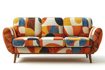 A retro-style sofa in earthy tones and geometric patterns