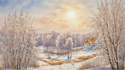 Winter landscape with a church in the distance