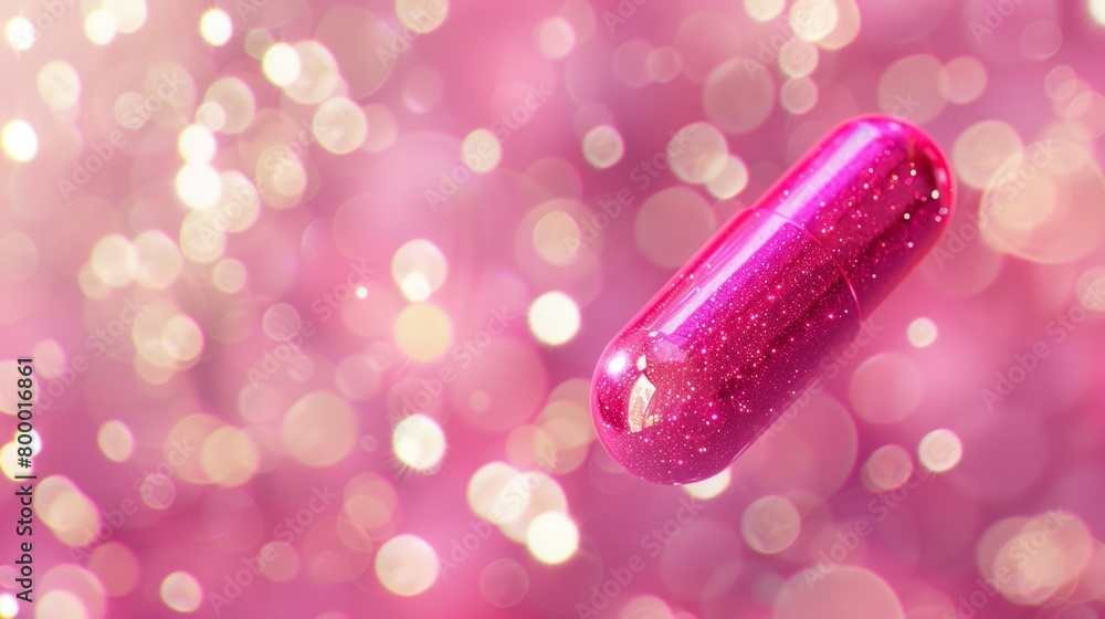 Poster a single sparkling pink capsule centered on a soft bokeh background.