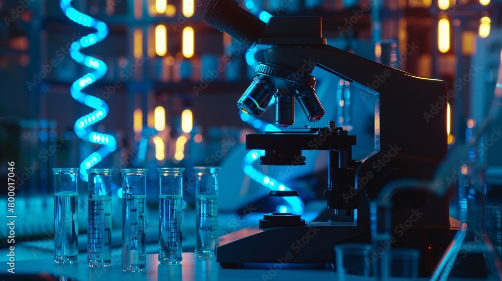 Wall mural scientist analyzing microscope slide at laboratory. young woman technician is examining a histologic