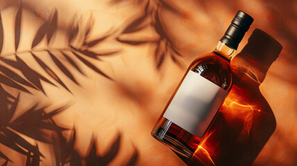 Bottle of luxury premium brand alcohol with blank mockup label, top view