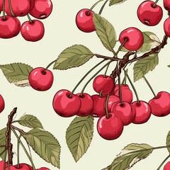 Cherry seamless pattern in hand drawn sketch style, digital illustration. Berry background with engraving texture. Vintage, retro style drawing.