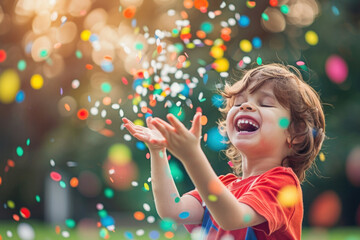 Image depicts a young boy joyously playing with colorful confetti outdoors, reflecting a sense of wonder and celebration
