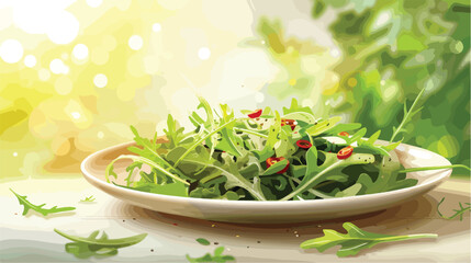 Plate with tasty arugula salad and spice on light table 