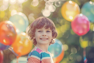 A cute boy smiling in front of a backdrop of colorful balloons, exuding happiness and playfulness