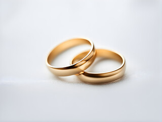 A pair of gold wedding rings, set against a solid color background, with concepts of love and marriage, Valentine's Day