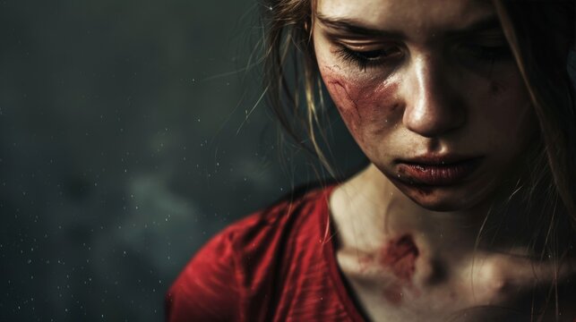 A young woman with a sorrowful expression, showcasing a bruised and injured face.