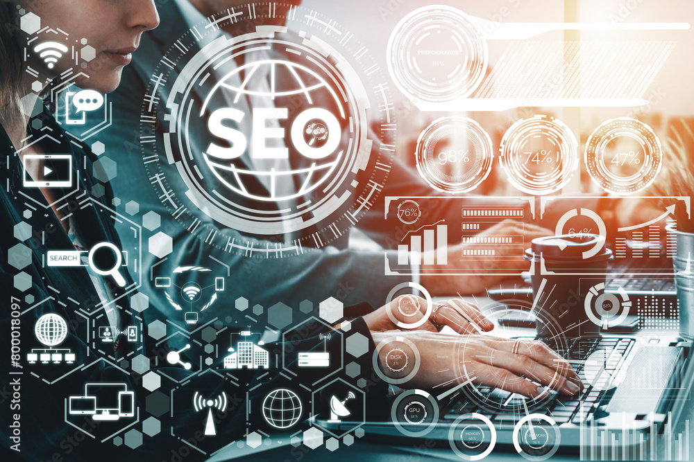 Poster seo - search engine optimization for online marketing concept. modern interface showing symbol of ke