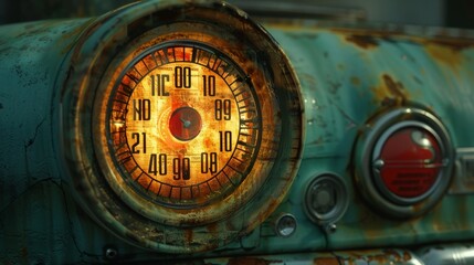 Close-up of an old car's dashboard with a glowing speedometer and a red light.