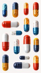 Colorful pills and capsules. Medicine and drugs. Pharmacy and pharmacology concept.