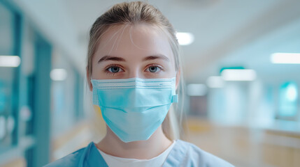 病院で働くマスクをつけた女性 Lady with safety medical glasses and mask in Hospital