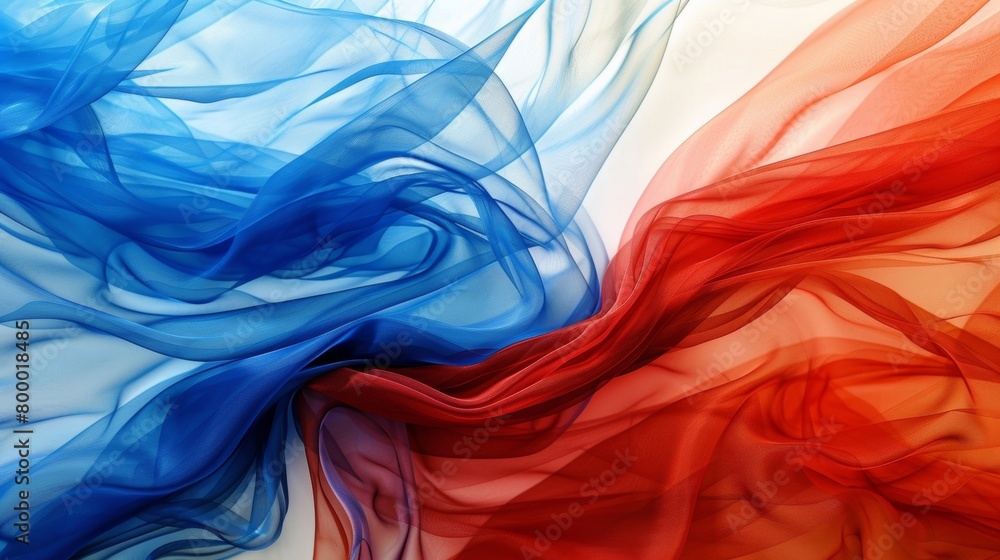 Poster flowing blue and red sheer fabric creates an abstract and dynamic contrast, capturing a sense of mov