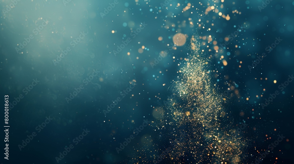 Poster glittering golden dust particles scatter across a deep blue backdrop, creating an abstract and magic